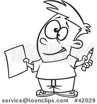 Cartoon Outlined Happy Boy Holding a Sheet of Paper and a Pencil by Toonaday