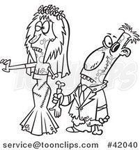 Cartoon Outlined Zombie Wedding Bride and Groom Couple by Toonaday