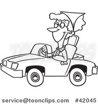 Cartoon Outlined Senior Lady Driving a Convertible Car by Toonaday