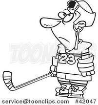 Cartoon Outlined Hockey Player with a Puck Stuck in His Helmet by Toonaday