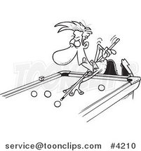 Cartoon Black and White Line Drawing of a Guy Leaning over a Billiards Table by Toonaday