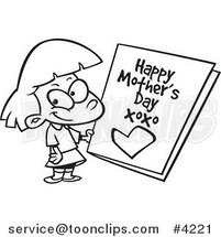 Cartoon Black and White Line Drawing of a Girl Holding a Mothers Day Card by Toonaday