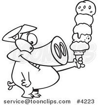 Cartoon Black and White Line Drawing of a Pig Holding a Big Ice Cream Cone by Toonaday