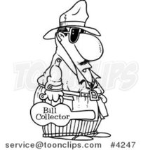 Cartoon Black and White Line Drawing of a Bill Collector Carrying a Violin Case by Toonaday