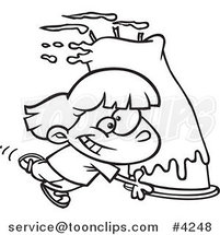 Cartoon Black and White Line Drawing of a Girl Carrying a Big Birthday Cake by Toonaday