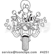 Cartoon Black and White Line Drawing of a Business Man Biker on His Motorcycle by Toonaday