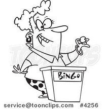 Cartoon Black and White Line Drawing of a Lady Calling Bingo Numbers by Toonaday