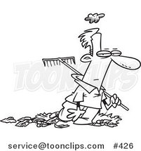 Cartoon Coloring Page Line Art of a Grumpy Guy Raking Autumn Leaves by Toonaday