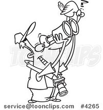 Cartoon Black and White Line Drawing of a Bird Sitting on a Guy's Binoculars by Toonaday