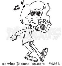 Cartoon Black and White Line Drawing of a Lady Carrying a Boom Box by Toonaday