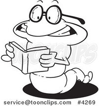 Cartoon Black and White Line Drawing of a Worm Reading a Book by Toonaday