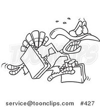 Cartoon Coloring Page Line Art of a Turkey Bird Running in Panic with Luggage by Toonaday