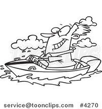 Cartoon Black and White Line Drawing of a Guy Boating by Toonaday