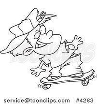 Cartoon Black and White Line Drawing of a Boy Skateboarding by Toonaday