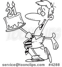 Cartoon Black and White Line Drawing of a Birthday Guy Holding up a Cake by Toonaday