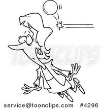 Cartoon Black and White Line Drawing of a Ball Knocking out a Business Woman by Toonaday