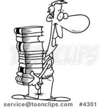 Cartoon Black and White Line Drawing of a Guy Carrying a Stack of Books by Toonaday