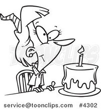Cartoon Black and White Line Drawing of a Birthday Lady with a Cake by Toonaday