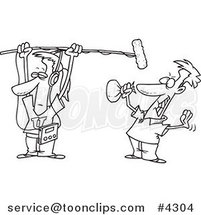 Cartoon Black and White Line Drawing of a Guy Holding a Boom Microphone over an Actor by Toonaday