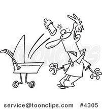 Cartoon Black and White Line Drawing of a Baby Throwing a Bottle at Its Father by Toonaday