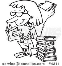 Cartoon Black and White Line Drawing of a Senior Lady Reading Books by Toonaday