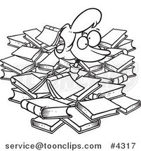Cartoon Black and White Line Drawing of a Lady Buried in Books by Toonaday