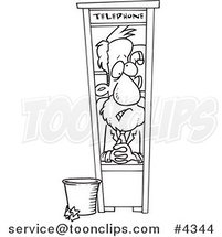Cartoon Black and White Line Drawing of a Business Man Working in a Tiny Telephone Booth by Toonaday