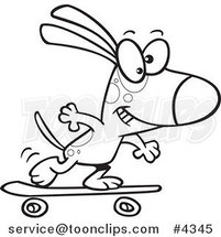 Cartoon Black and White Line Drawing of a Dog Skateboarding by Toonaday