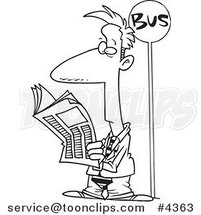 Cartoon Black and White Line Drawing of a Business Man Reading the Newspaper at a Bus Stop by Toonaday
