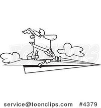 Cartoon Black and White Line Drawing of a Business Man Flying on a Paper Airplane by Toonaday