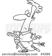 Cartoon Black and White Line Drawing of a Business Man Being Shot in the Butt with an Arrow by Toonaday