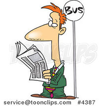 Cartoon Business Man Reading the Newspaper at a Bus Stop by Toonaday