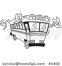Cartoon Black and White Line Drawing of a Yahoo Bus Loaded with Cowboys by Toonaday