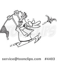 Cartoon Black and White Line Drawing of a Guy Chasing a Butterfly with a Net by Toonaday