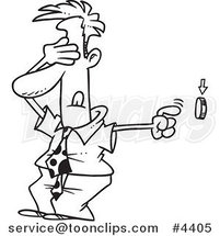 Cartoon Black and White Line Drawing of a Business Man Covering His Eyes and Pushing a Button by Toonaday
