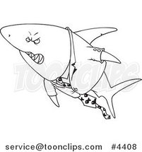 Cartoon Black and White Line Drawing of a Business Shark in a Suit by Toonaday