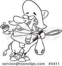 Cartoon Black and White Line Drawing of a Mexican Guy Eating a Taco on a Burro by Toonaday