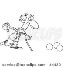 Cartoon Black and White Line Drawing of an Old Guy Playing Bowls by Toonaday