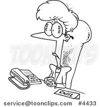 Cartoon Black and White Line Drawing of a Business Woman Sitting at Her Desk with a Kneel Sign by Toonaday