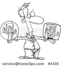 Cartoon Black and White Line Drawing of a Business Man Holding Boxed in Employees by Toonaday