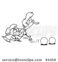 Cartoon Black and White Line Drawing of a Mother and Daughter Bowling by Toonaday
