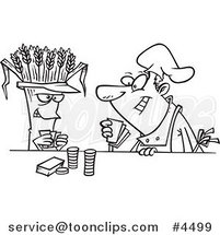 Cartoon Black and White Line Drawing of a Baker Playing Poker with Wheat by Toonaday