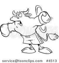 Cartoon Black and White Line Drawing of a Boxing Bull by Toonaday