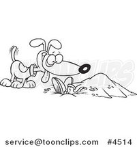 Cartoon Black and White Line Drawing of a Dog by a Buried Person by Toonaday