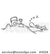 Cartoon Black and White Line Drawing of a Snoozing Guy Buried in the Sand on a Beach by Toonaday