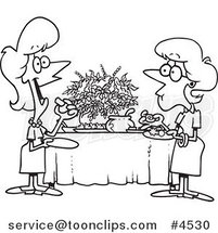 Cartoon Black and White Line Drawing of Ladies Talking and Eating at a Buffet by Toonaday