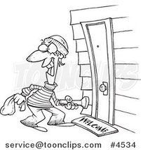 Cartoon Black and White Line Drawing of a Burglar at a Door by Toonaday