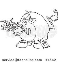 Cartoon Black and White Line Drawing of a Bull with Torn Fabric on His Horn by Toonaday