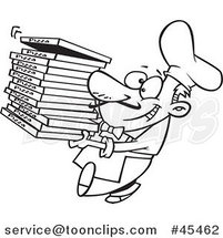 Outlined Cartoon Pizza Chef Carrying Delivery Boxes by Toonaday
