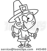 Outlined Cartoon Hungry Thanksgiving Pilgrim Boy Holding Silverware by Toonaday